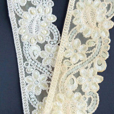 Gold Sheer Fabric Trim With Beige Floral Embroidery And Off White Pearl, Scallops Wedding Trim, Bridal Trim